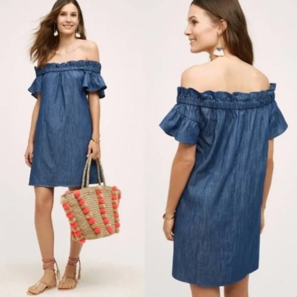 COREY LYNN CALTER off-the-shoulder chambray ruffle relaxed fit dress - Picture 1 of 11